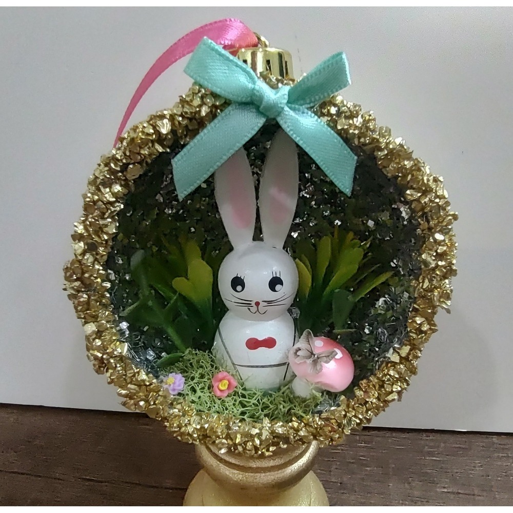 Bunny Rabbit Christmas Ornament Handmade Vtg Style OOAK Shatterproof Diorama